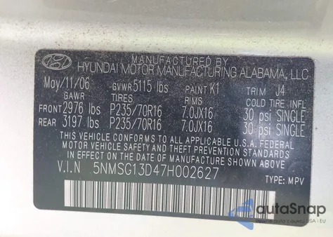 2007 Hyundai Santa Fe Gls из США, поврежденный, VIN 5NMSG13D47H002627